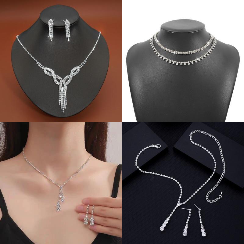 

Luxury Geometric Rhinestone Tassel Necklace & Stud Earrings Set for Women
