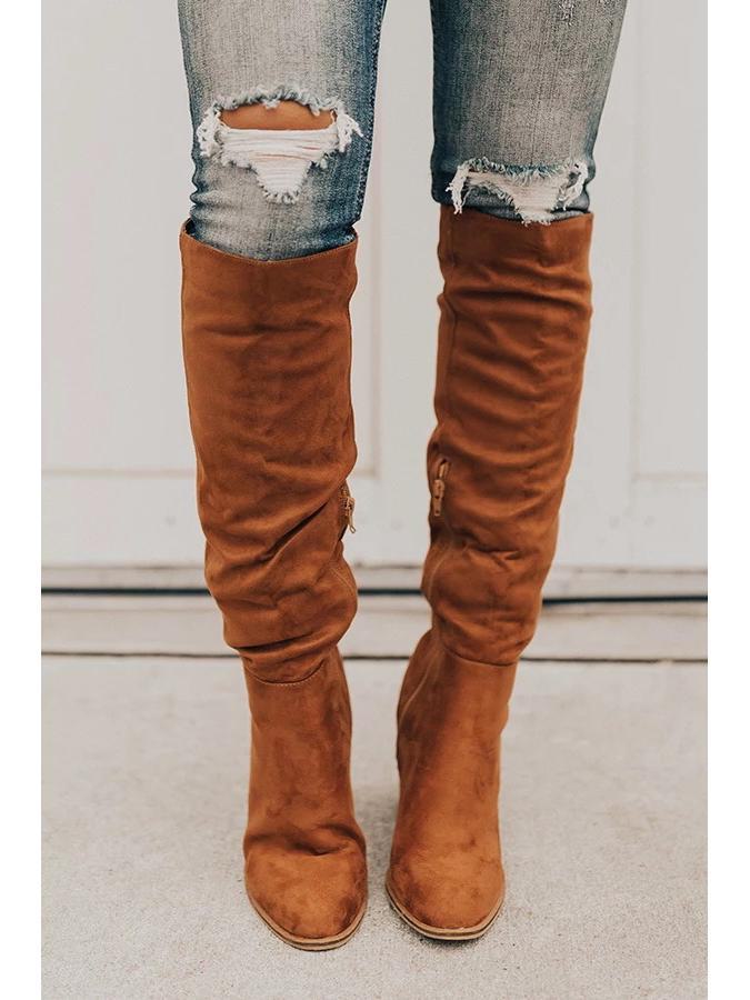 Women's Suede Thick Heel Pointed Side Zipper Solid Color Fashion Knight Boots