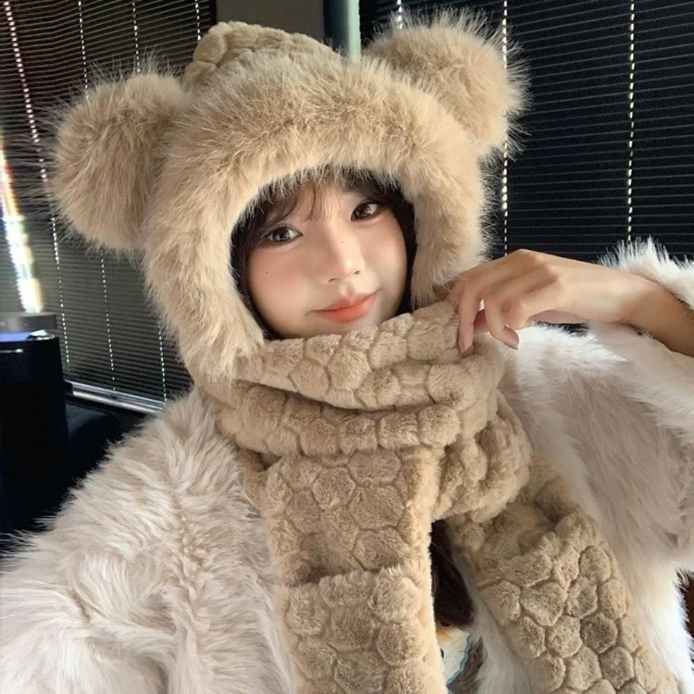 Warm 3-in-1 Cap Scarf Gloves Set Winter Integrated Cap Scarf Bear Ear Hooded Scarf for Women