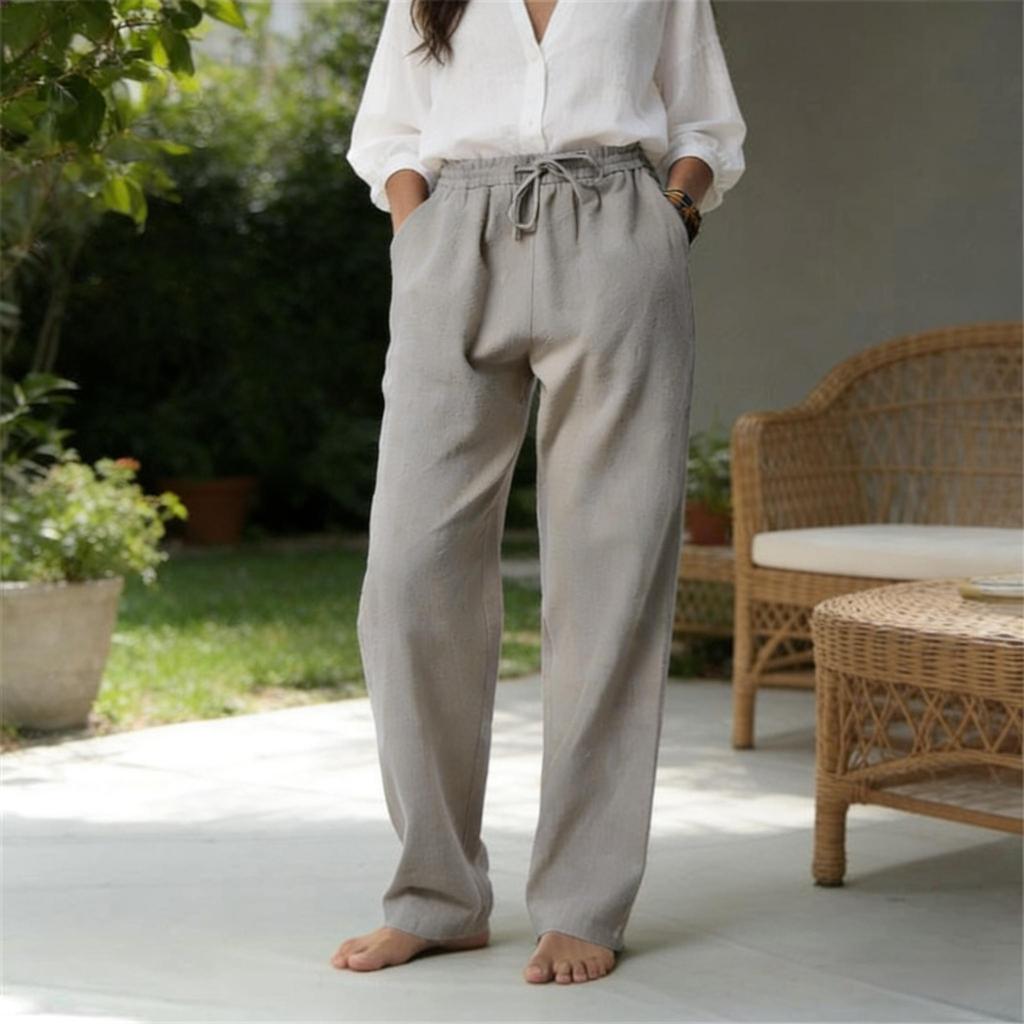 Women's trendy retro casual cotton and linen pants breathable loose straight-leg pants solid color summer daily versatile light and thin trousers