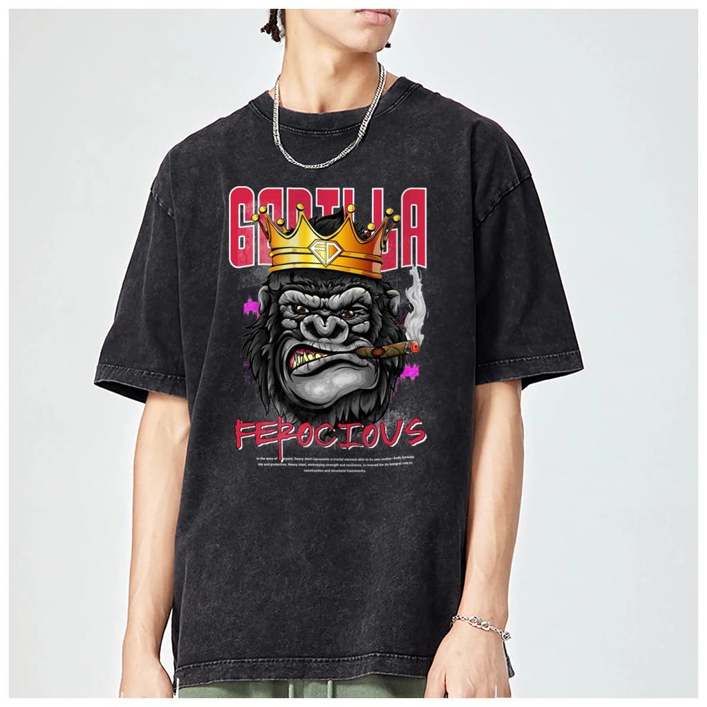 Ferocious Gorilla Graphics American Harajuku Oversized T Shirt Womens Trendy Fashion Casual Vintage Washed Cotton Tops