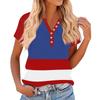 Women's Fashionable Casual V-neck Button-down Striped Print Short-sleeved Top For Summer