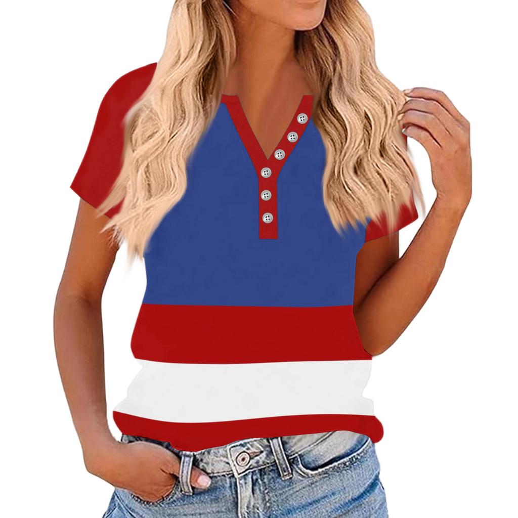 Women's Fashionable Casual V-neck Button-down Striped Print Short-sleeved Top For Summer