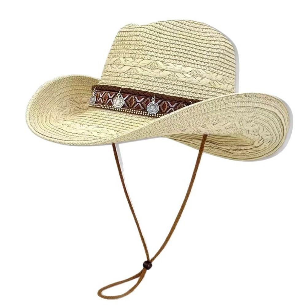 with Wind Lanyard Straw Cowboy Hat Wide Brim Panama Sun Hat Fashion Beach Hat Vacation