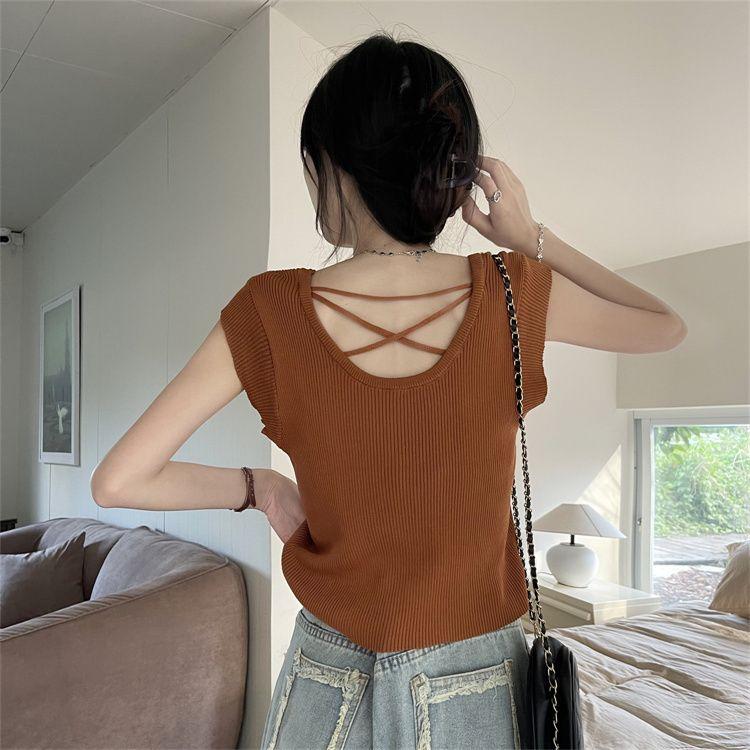 Hollow Out Short Sleeved Knitted Sweater for Women In Summer Slimming Down with Round Neck Camisole T-shirt Ice Silk Top
