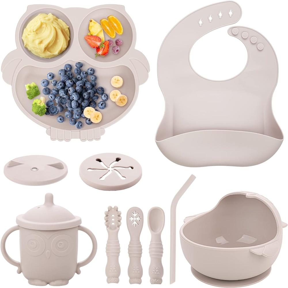 Baby Weaning Set 10 Pieces Silicone Bib Divided Plate Suction Bowl Snack Cup Spoons Hypoallergenic Beige