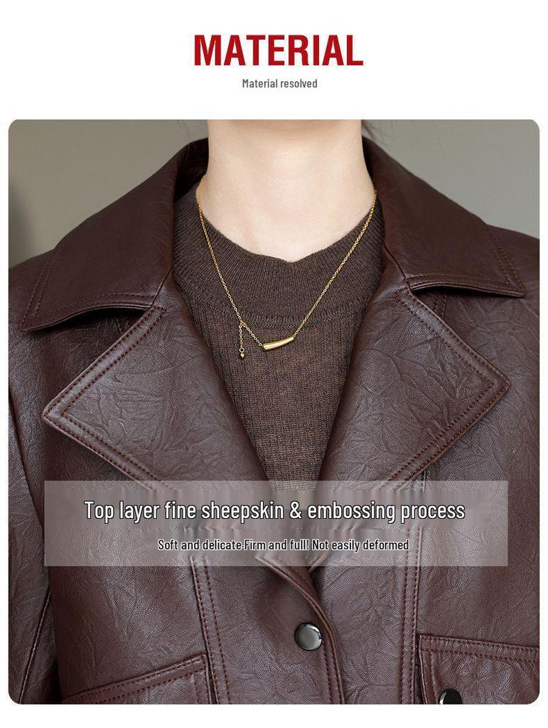 2025 Women’s Short Lambskin Leather Jacket - High-End, Long Sleeve, Turn-Down Collar, Petite Fit, Casual Spring/Autumn Outerwear