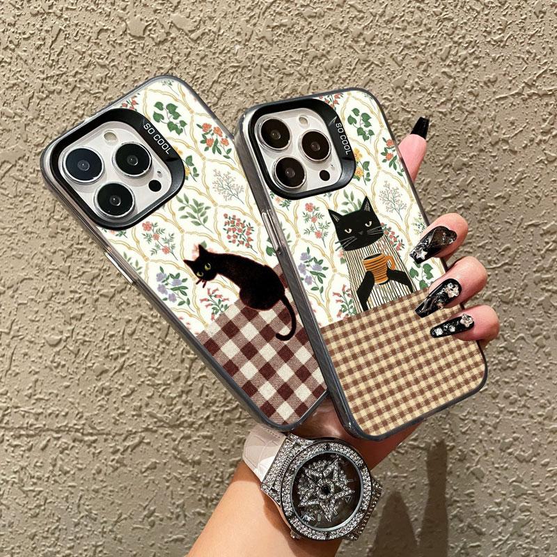 Striped Coffee Cat Laser Phone Case For iPhone 17 16 Pro Max 15 14 Pro Max Plus 13 Mini 12 11 Pro Max Shockproof Black Covers
