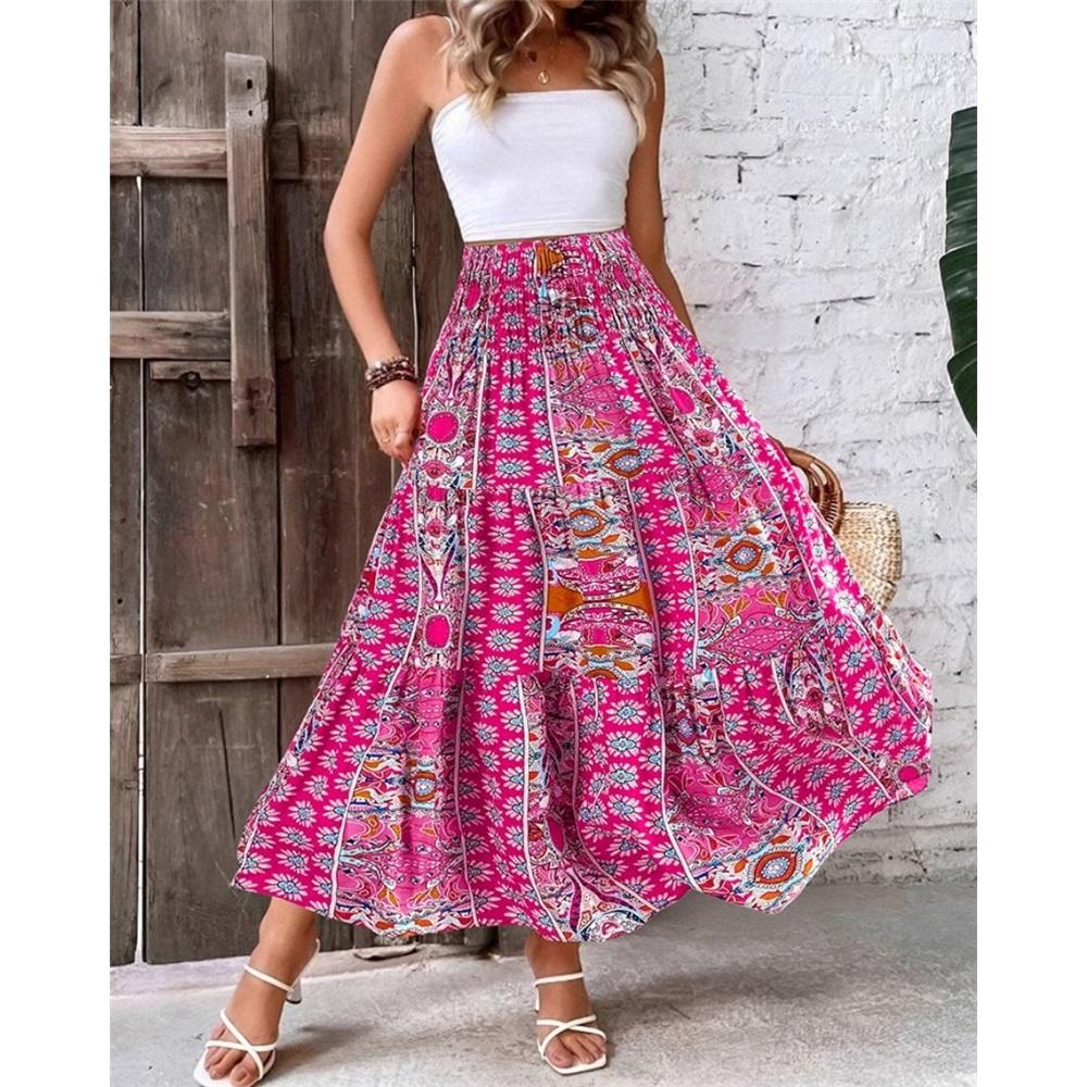 Women's Summer Elastic Waist Loose Long Printed Skirt