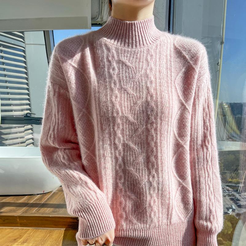 Thickened Half-high Neck Twisted Flower Sweater for Women In Autumn and Winter New Fashionable and Versatile Cashmere Knitted Base Shirt Top