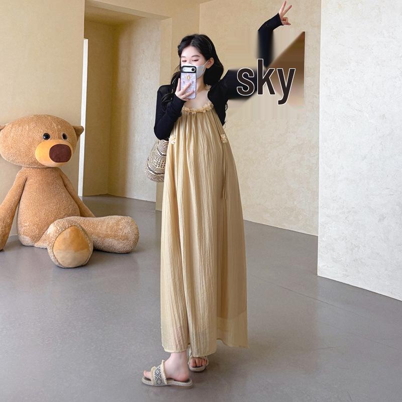New Trendy Plus Size Chiffon Maternity Dress with Cardigan - Summer Two-Piece Set Large