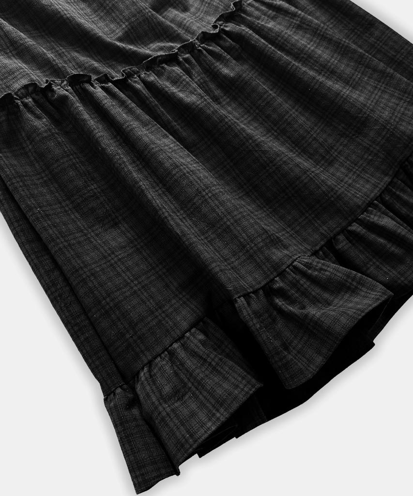 Damiswi Vintage Check Frill Long Skirt_Black