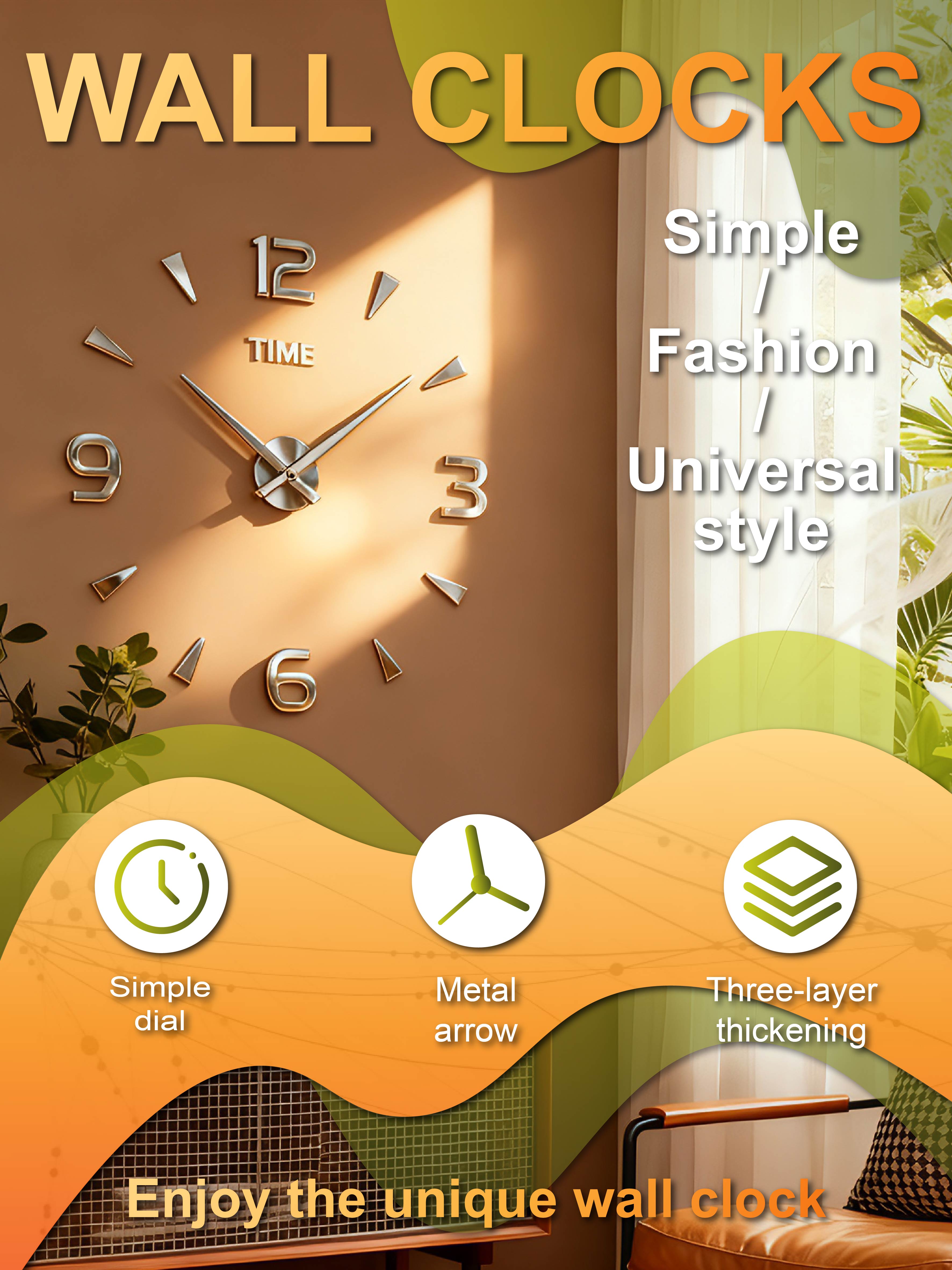 

Простые Модные Настенные Часы Универсального Стиля: Трехслойные утолщенные металлические декоративные часы со стрелками серебряный