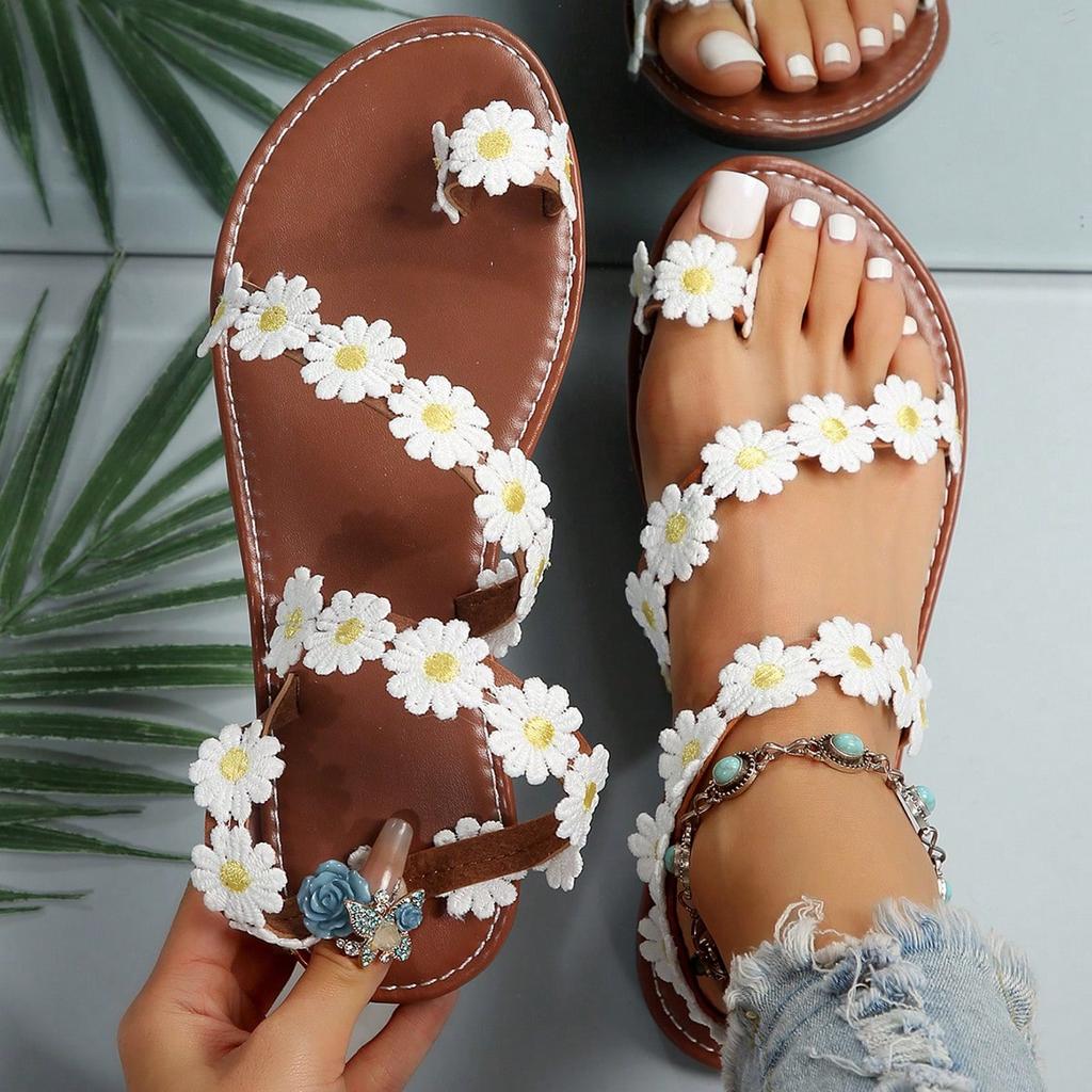 Summer Women Sandals Outdoor Open Toe Shoes Women Bohemian Lightweight Sandals Flower Flat Sandals Plus Size Holiday Beach Shoes