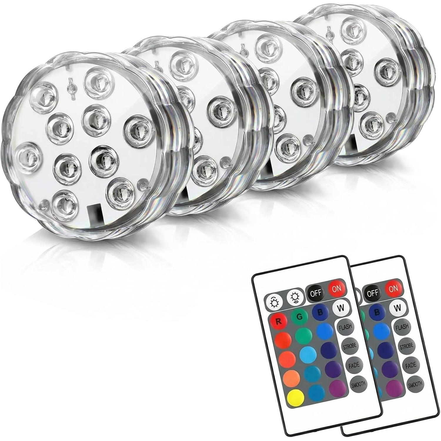 Submersible LED Lights with Remote, 16 Colors 4 Modes Battery Powered Waterproof LED Pool Lights for Pool Pond Bath Tub Hot Tub Decoration (4-Pack) 4-Pack