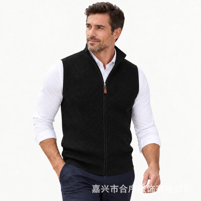 Mens Knit Vest Business Stand Collar Full Zip Slim Fit Sleeveless Sweater Winter