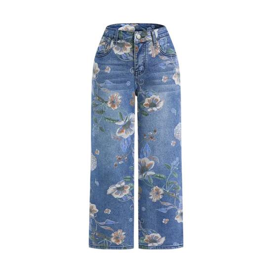 Vintage Floral Jeans for Women, Mid Rise Barrel Wide Leg Jeans, Retro Casual Stretchy Denim Pants with Pockets