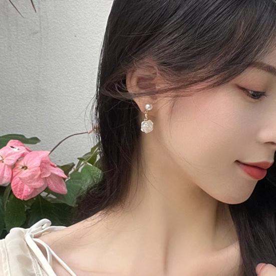 1 Pair Women Earrings Camellia Shape Faux Pearl Design Show Unique Charm Alloy Mini Flower Style Elegant All-Match Drop Earrings for Dating