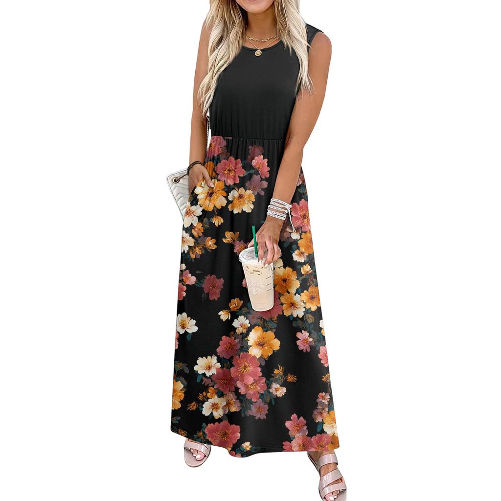 Ladies' Floral Print Casual And Fashionable Waist Cinched Sleeveless Dress
