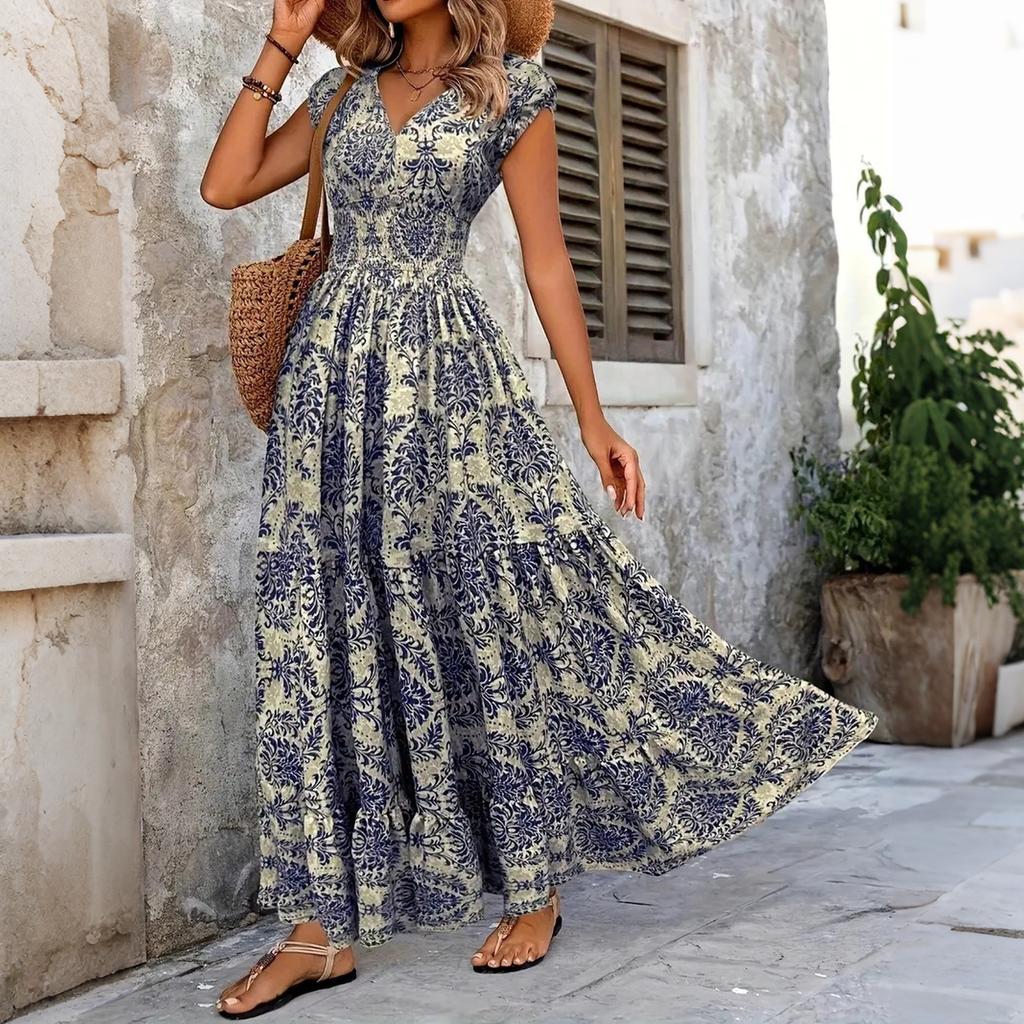 Rochie Maxi Vintage cu Imprimeu Floral pentru Femei, Decolteu în V, Mânecă Scurtă, cu Design în Talie, Elegantă, Fluidă, Lungă, pentru Purtare Zilnică