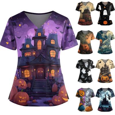 Women's Halloween Printed V-Neck Double Pocket Short Sleeves Hem Slit Uniform Caregiver Top