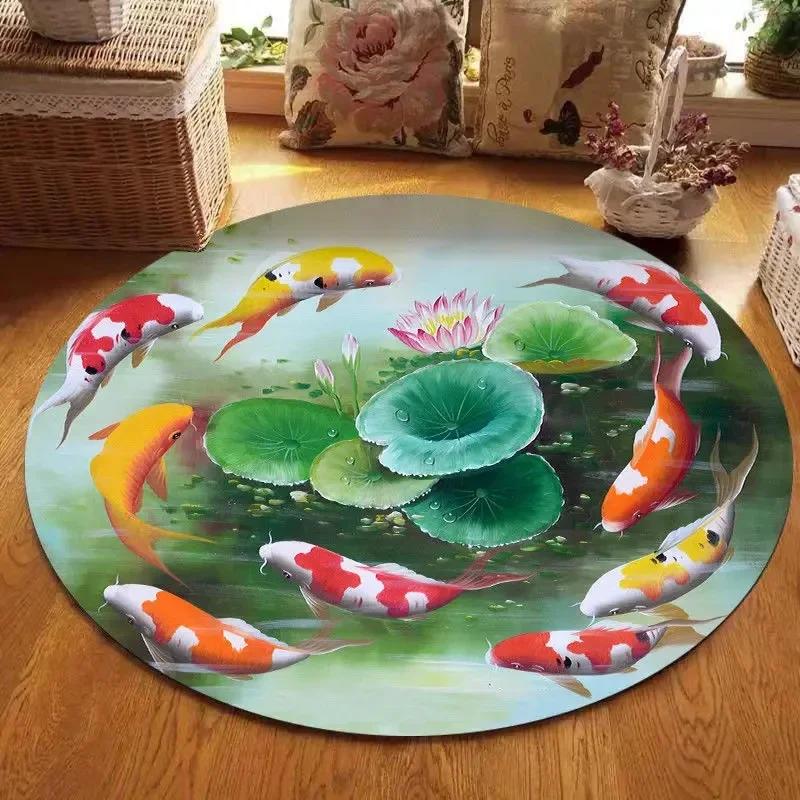 Lotus Landschaftsmalerei Runder Teppich Stuhl Sofa Teppiche Zuhause Wohnzimmer Schlafzimmer Badezimmer Bodenmatte Bedruckte Heimdekorationen