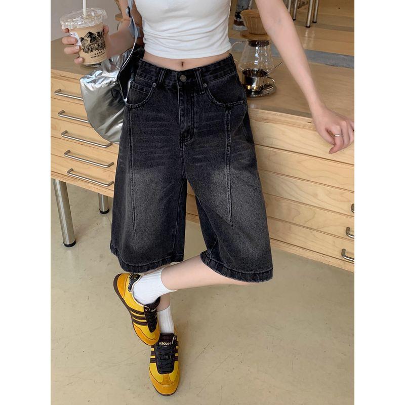 Kumikumi Distressed Retro Washed Demin shorts Women clothes Summer Idle Style High Waist Loose Wide Leg Pants Middle Pants