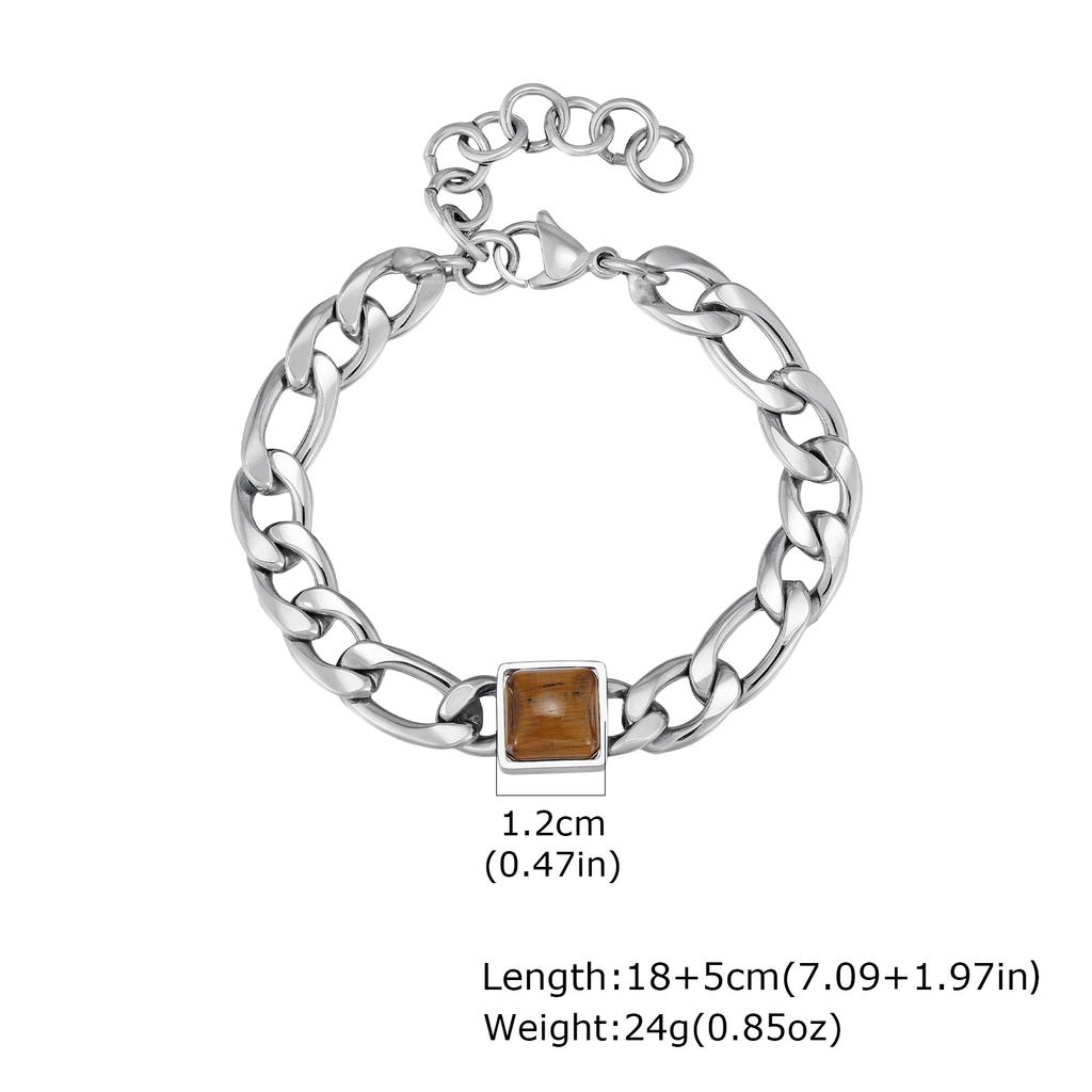 Square Tiger Eye Natural Stone Bracelet for Men, Adjustable Stainless Steel NK Chain Charm Bracelet, Fashion Jewelry Gift