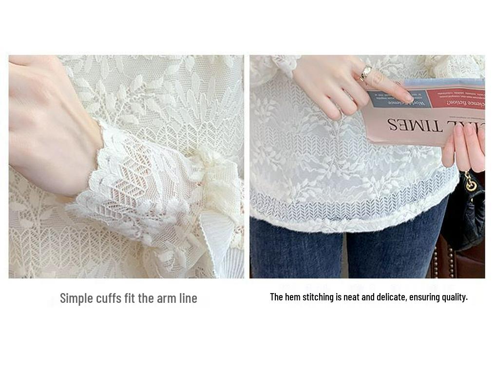 Women's Elegant Lace Long-Sleeve Base Layer Top, French Style, Plus Size, Autumn 2025 Collection