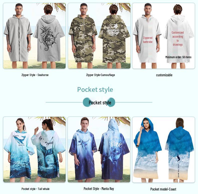 2025 Quick-Dry Hooded Swim Poncho with Zipper - Portable Bathrobe and Beach Towel