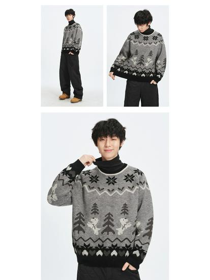 Roter Jacquard-Weihnachtspullover für Damen: Neujahr Retro Locker gestrickter Pullover