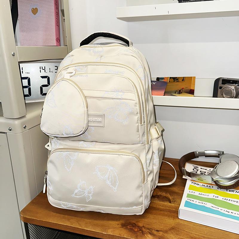 Butterfly Print Junior High School Student Schoolbag Women's Large Capacity Travel Lightweight Backpack with Coin Purse