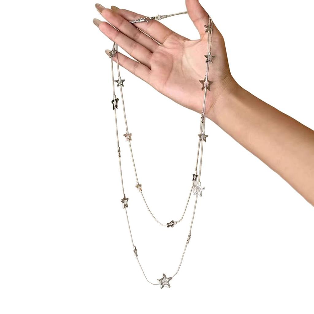 Retro Double-Layer Stacked Star Necklace Female Long High-End Niche Design Sweater Chain Accessories Light Luxury Collarbone Chain