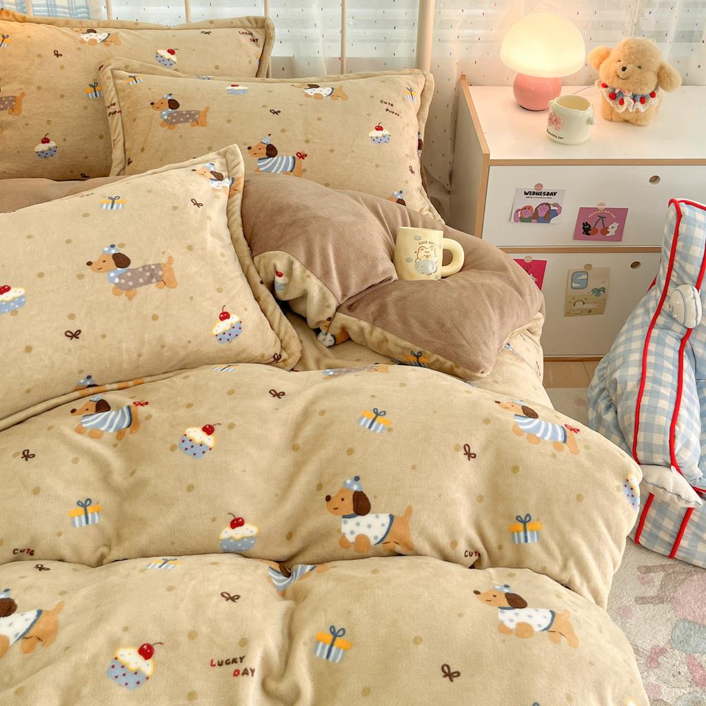 Thickened Milk Fleece Four-Piece Set, Coral Flannel Quilt Cover, Double-Sided Fleece Bed Sheet Quilt Cover, Bed Hat Three-Piece Set