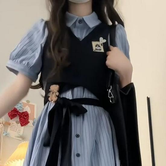 Girls  Puff Sleeve Striped Shirt Dress & College Style Vest Set Small