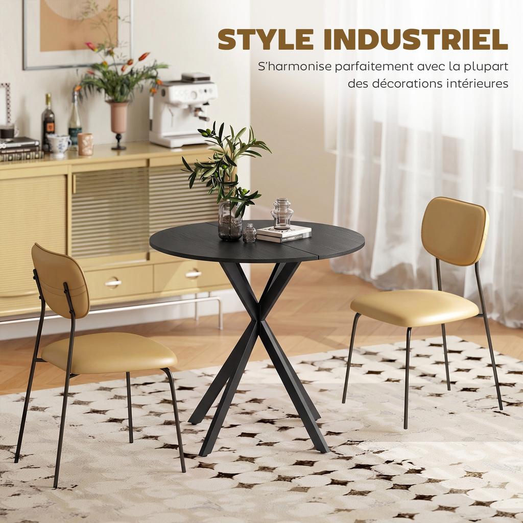 Round Dining Table for 2 People with Wood-Look Top and Crossed Steel Base, Black
