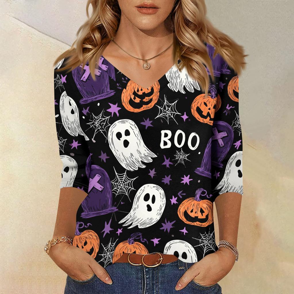 Womens Halloween Print V Neck Top Three Quarter Sleeve Casual Shirt Lightweight Soft Fabric Relaxed Fit Comfortable Everyday Wear