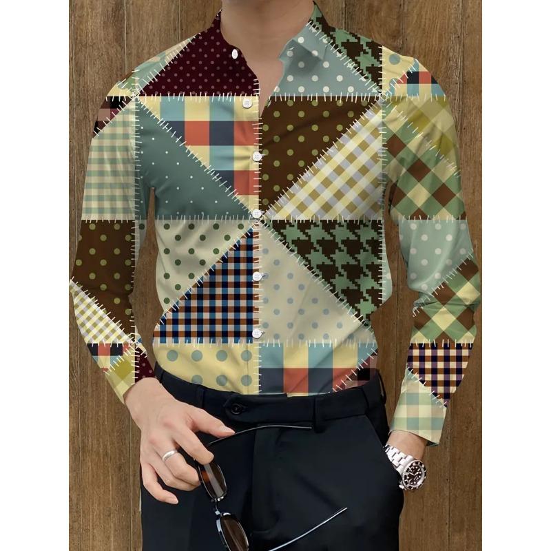 Men's Splice Geometry Beach Shirt Black White Hawaiian Casual Shirt Men's Vintage Shirt Long Sleeve Top