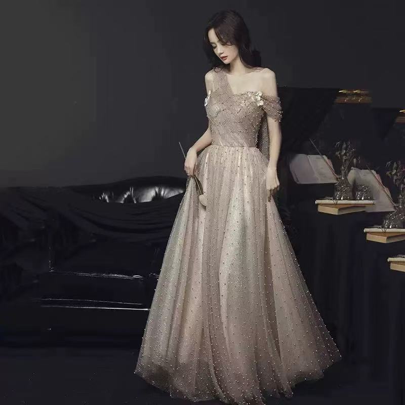 Pink Pearl Evening Dress Women's Summer New Temperament Socialite Birthday Catwalk Fairy Long Banquet Dress