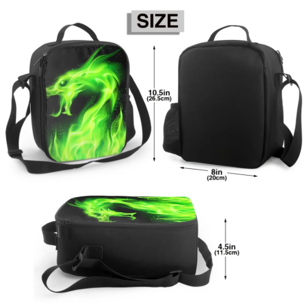 Fire Dragon Head Insulated Lunch Bag for School Office Picnic Green Fire Tote Lunch Box Containers for Kids Reusable Cooler Bag
