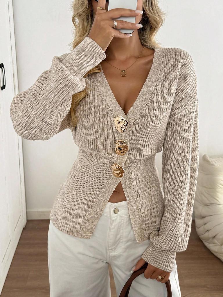 Minimalist V-Neck Button Knit Cardigan Sweater for European and American Women