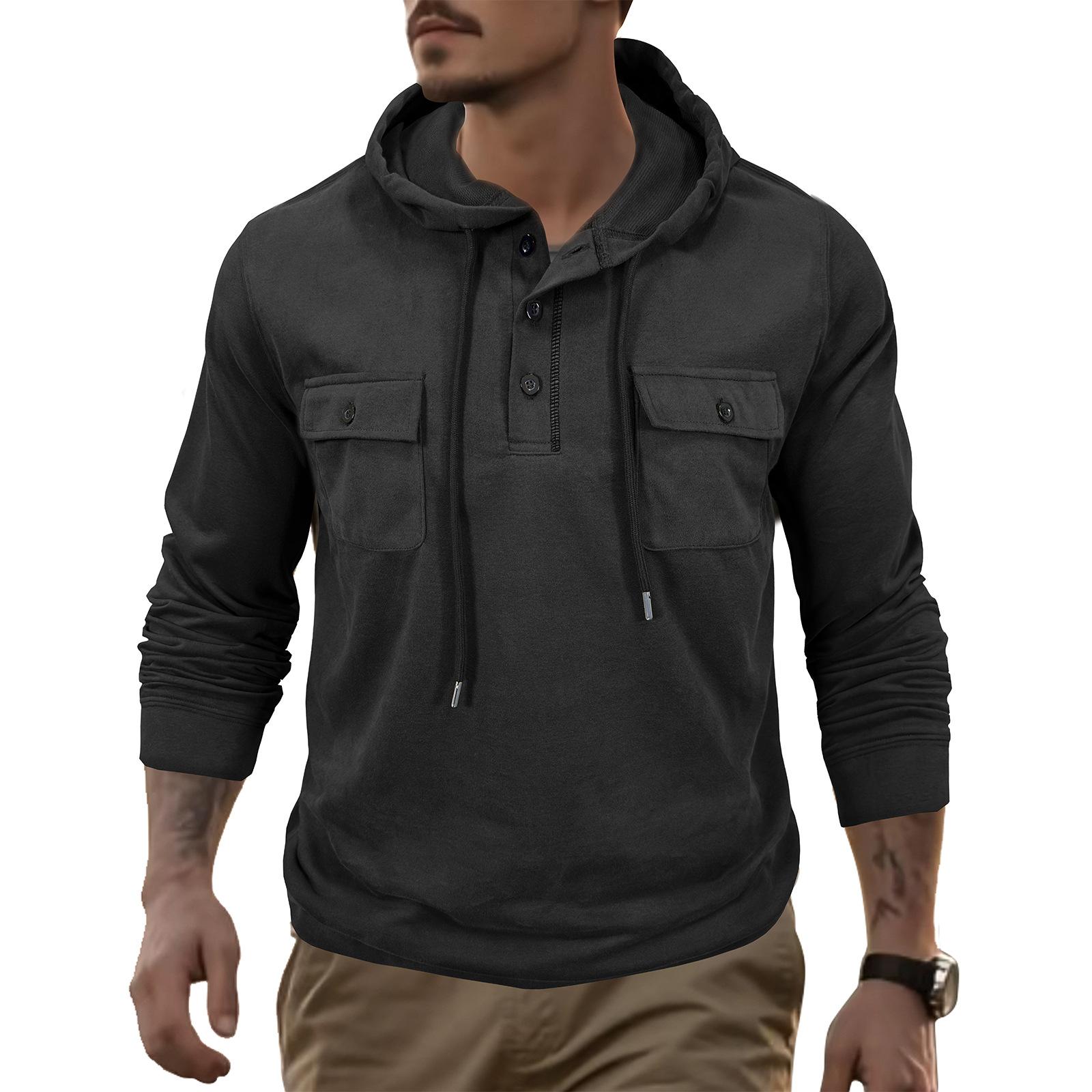 Men s -color Casual And Trendy Hooded Loose Double-pocket Long-sleeved Top XL чёрный 2140₽