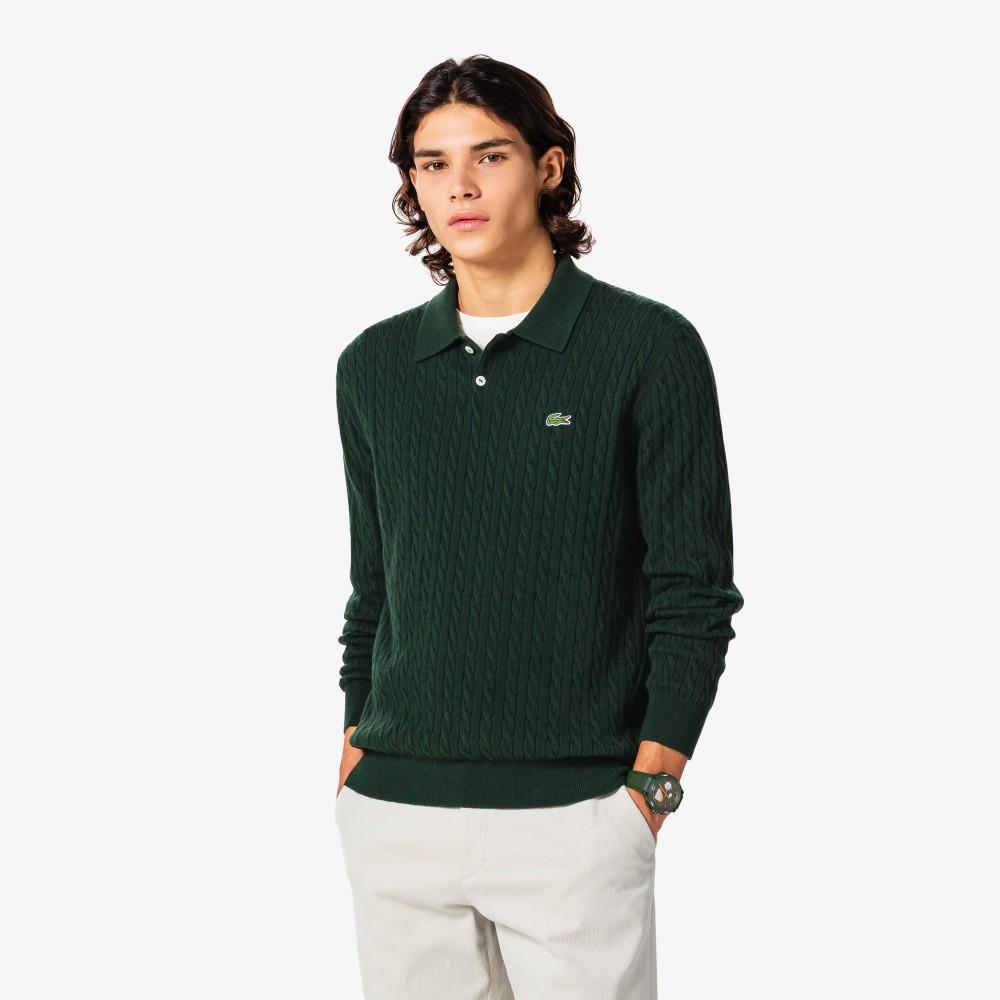 [lacoste] Men's Cable Long Sleeve Polo Sweater AH580E-55NYZP
