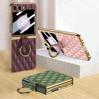 Luxusní kožené pokovené pouzdro s držákem prstenu pro Samsung Galaxy Z Flip 5 5G Zadní sklo obrazovky Tvrdý kryt pro Galaxy Z Flip5 Pouzdro