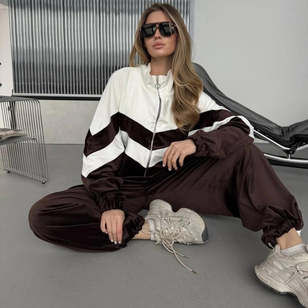 Completo casual da donna europeo e americano a colori contrastanti, alla moda, abbinamento colori, cerniera, bavero, cardigan, pantaloni larghi elastici, set da due pezzi