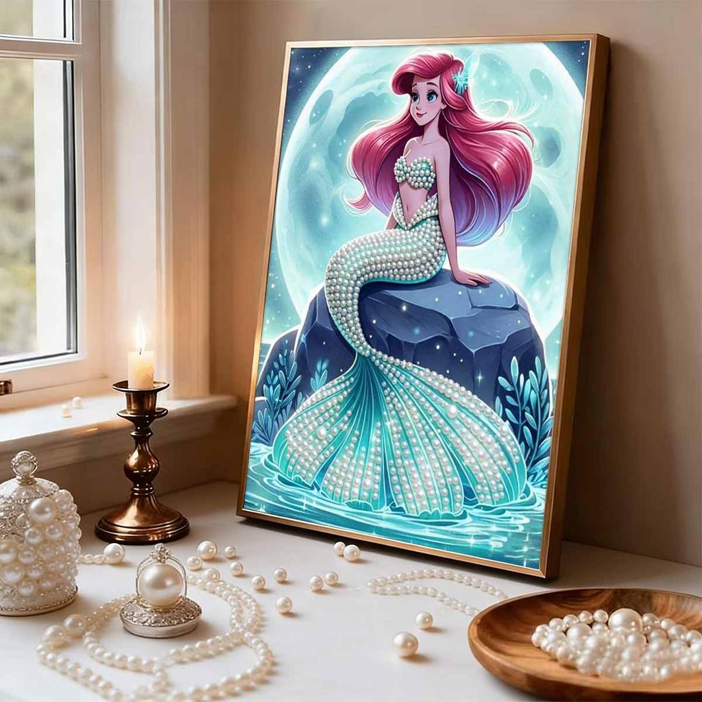 Gentle Pearl-Inlaid Little Mermaid Frameless Art | Moonlit Sea Rock Bg, Handmade 3D Pearl Craft, Ideal for Creamy, Ocean Home Decor