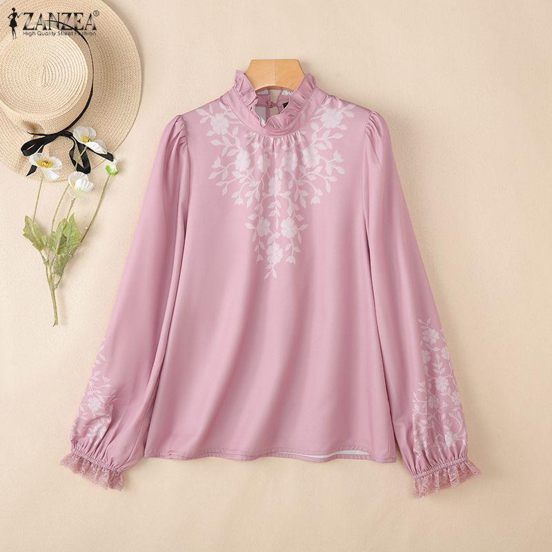 ZANZEA Women Casual Stand Collar Long Sleeve Print Blouse