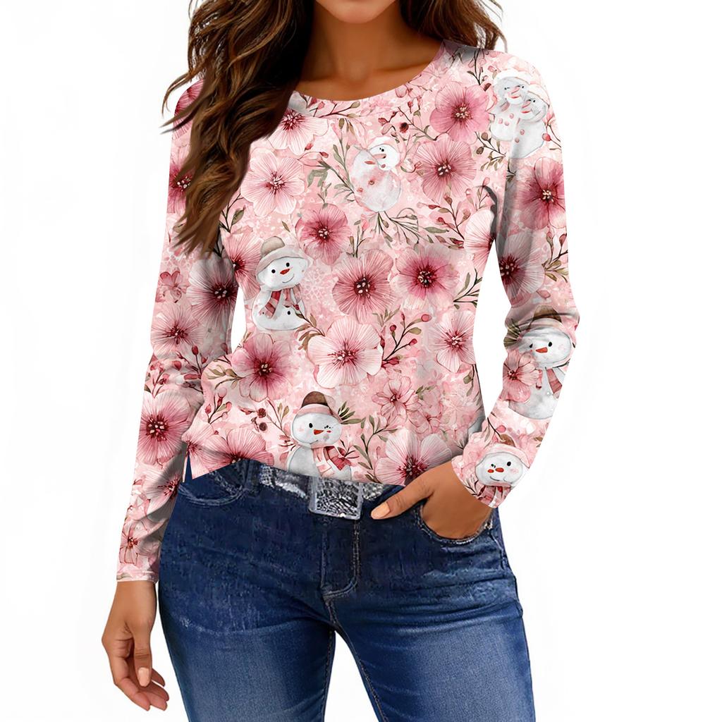 Жіноча модна повсякденна футболка з розрізом і круглим вирізом з довгим рукавом і принтом.