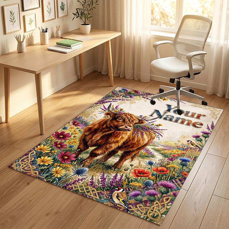 Cow Highland Theme Crystal Velvet Rug Personalized Custom Name Text Soft Floor Mat Home Decor