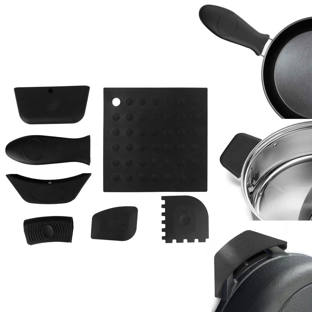 7Pcs Set Pot Holder AntiScald Silicone Grill Pan Scraper Handle Cover Set Kitchen Accessory(Black )